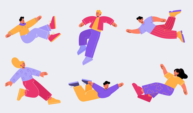 People floating in air, happy free characters flying and jumping in sky. Dream, freedom, development and aspirations concept. Isolated men and women moving up in anti gravity Linear flat vector set