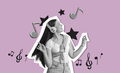 Collage with pretty young woman listening to music on lilac background