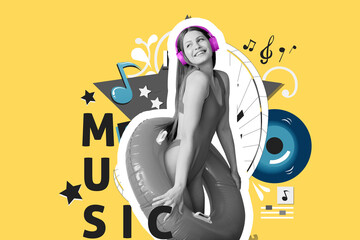 Collage with pretty young woman with headphones and inflatable ring on yellow background