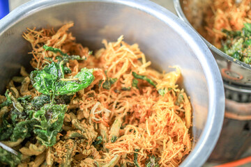 Background of food menu (stir-fried noodles with fresh shrimp), a cup for cooking at home or serving food to customers.