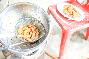 Background of food menu (stir-fried noodles with fresh shrimp), a cup for cooking at home or serving food to customers.