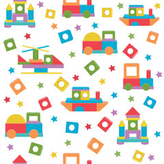 Transport pattern made of colored wooden cubes, vector isolated illustration in flat style