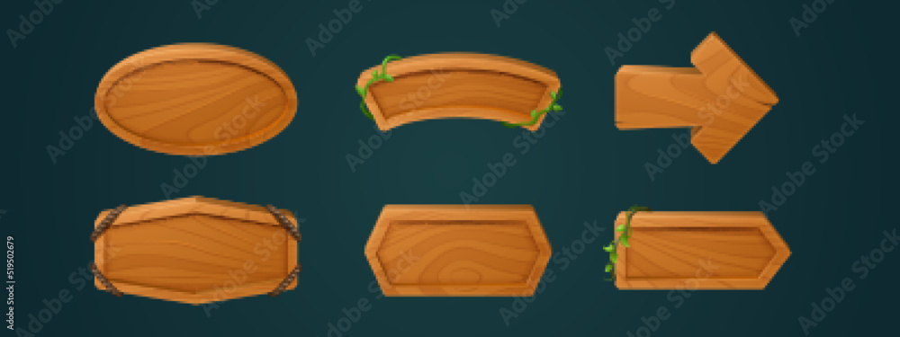 Poster old wooden signs and banners vector illustration set. cartoon template indicators of direction and d
