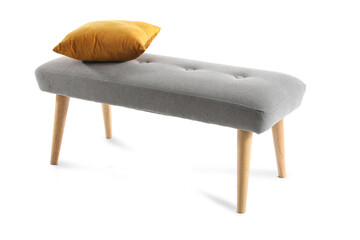 Grey bench with pillow on white background