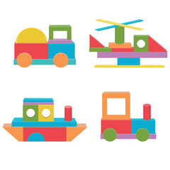 Construction of Transport from colored wooden cubes, vector isolated illustration in the flat style