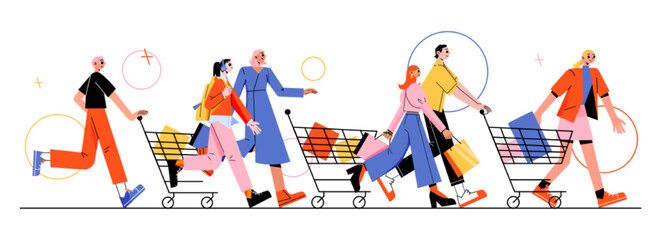 Sale run concept with happy people with shopping carts rush to store. Vector flat illustration of discount in mall, black friday sale with running customers and shoppers