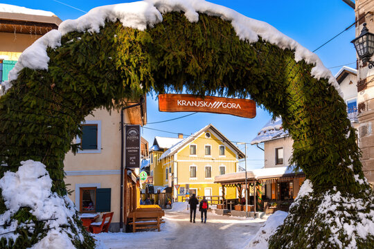 Snowy village Kranjska gora in winter time with Christmas decorations, Slovenia, 2022