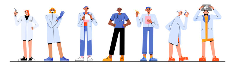 Doctors and nurses flat characters set. Professional health care workers ready to help patient, examining x-ray image, prescribing medicines, holding vaccination syringe. Medical clinic staff