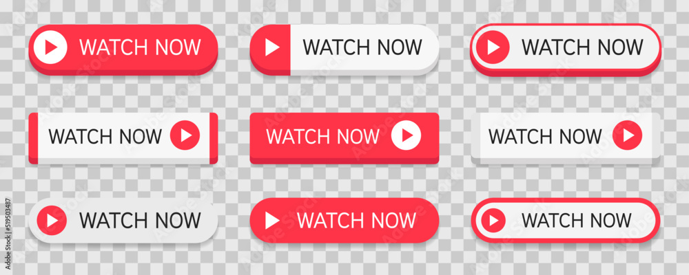 Poster set of red and white buttons with text watch now isolated on transparent background. vector illustra