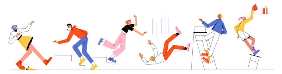 People stumble on stairs, fall down from high, ladder and stool, slip on banana peel. Vector flat illustration of men and women drop from staircase, slide on floor, falling