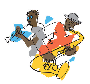  Jazz theme with black men, trumpet player and saxophonist.
 Expressive Illustration of two jazz musicians, continuous line drawing design. Isolated on white background. Vector available.