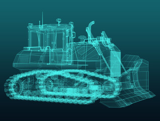Heavy crawler bulldozer scheme. Hologram. 3d-rendering