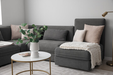 Interior of modern living room with black sofa and table