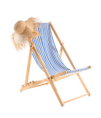 Wooden deck chair with hat on white background
