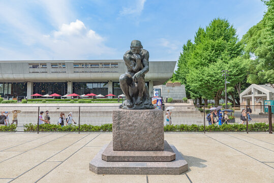 TOKYO, JAPAN - JUL 21, 2022: The Thinker by Auguste Rodin at the  National Museum of Western Art in Tokyo, Japan.