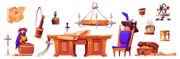 Pirate cabin interior stuff, isolated set. Wooden table, old map, treasure chest, parrot and barrel with rum, captain cocked hat, chair, spyglass and bottle with message, Cartoon vector illustration - obrazy, fototapety, plakaty