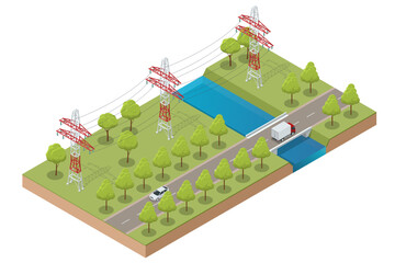 Isometric high voltage transmission lines and power pylons. Electricity pylons. Electric Energy Factory Distribution Chain. High voltage pylon