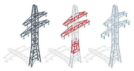 Isometric high voltage transmission lines and power pylons. Electricity pylons. Electric Energy Factory Distribution Chain. High voltage pylon