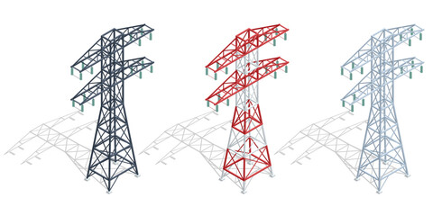 Isometric high voltage transmission lines and power pylons. Electricity pylons. Electric Energy Factory Distribution Chain. High voltage pylon - obrazy, fototapety, plakaty