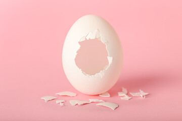 Cracked egg shell on pink background