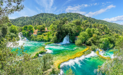 Fototapeta na wymiar Landscape with waterfalls in Krka National Park, Croatia