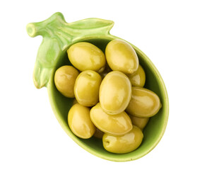 Bowl with tasty green olives isolated on white background