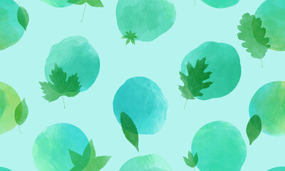 Seamless pattern with botanical leaves. Vector illustration of watercolor polka dots background.