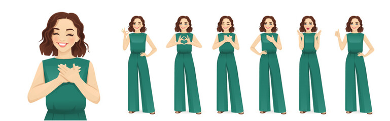 Young beatiful woman in green jumpsuit showing positive emotions with different gestures. Isolated vector ilustration set. - obrazy, fototapety, plakaty