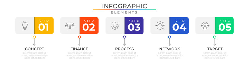 Annual business infographic elements concept design vector with icons. Timeline workflow network project template for presentation and report.