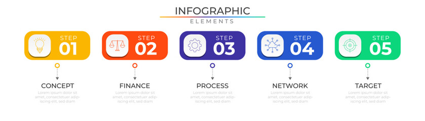 Roadmap project infographic elements concept design vector with icons. Five steps workflow network template for presentation and report.