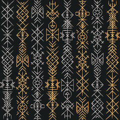 Tribal signs with metal effect. Seamless pattern - 519506229