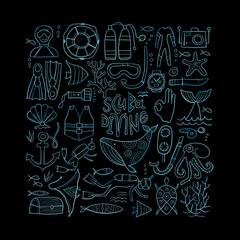 Scuba Diving icons set. Underwater activity design elements. Summer vacation concept, marine icons. Diving equipment, hand drawing style frame