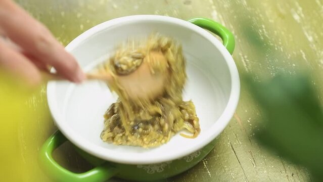 Serving roasted eggplant and green pepper dip.
