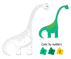 Coloring page by numbers. Funny dinosaur. Educational game for preschool kids, learn numbers and colors