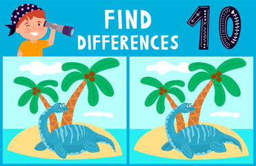 Dino illustration. Find 10 differences. Educational funny game for children. Puzzle for children, kid. Print and play