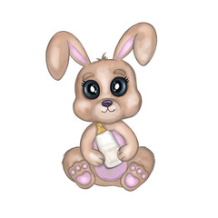 Cute bunny. Hand drawn watercolor rabbit with a milk bottle isolated on white background. Design for a nursery room, frame art, baby fabric, baby shower, greeting cards, invitations.