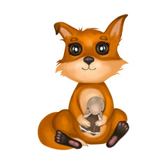 Cute baby fox. Hand drawn watercolor ginger fox isolated on white background. Design for a nursery room, frame art, baby fabric, baby shower, greeting cards, invitations.