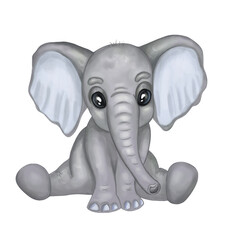 Cute gray little elefant. Hand drawn watercolor baby elefant isolated on white background. Design for a nursery room, frame art, baby fabric, baby shower, greeting cards, invitations.