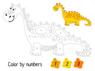 Coloring page by numbers. Funny dinosaur. Educational game for preschool kids, learn numbers and colors