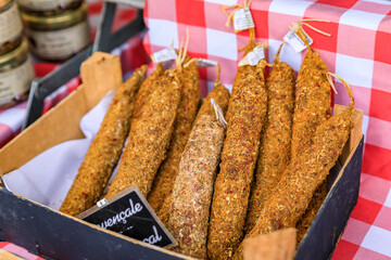 Artisanal sausage at Cours Saleya market in the Old Town Nice, France
