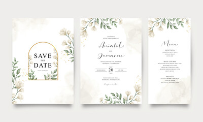 Set of wedding invitation templates with flowers and leaves - obrazy, fototapety, plakaty
