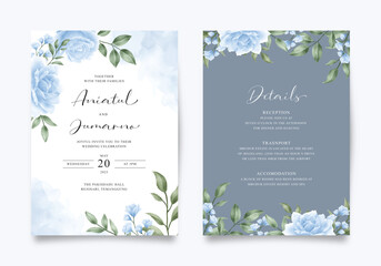 Fototapeta na wymiar Wedding invitation set with blue roses and green leaves