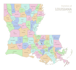 Political color map of Louisiana, USA federal state. Highly detailed map of Southern American region with territory borders and counties names labeled vector illustration - obrazy, fototapety, plakaty