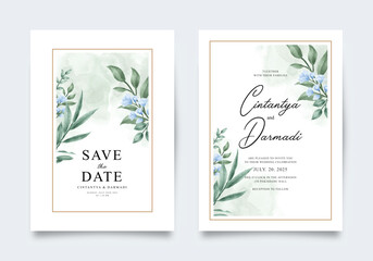 Double sided wedding invitation template set with blue flowers and green leaves
