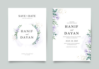 Naklejka na ściany i meble Double sided wedding invitation template with purple flowers and green leaves