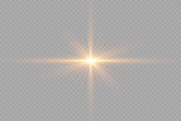 Light effect. Golden bright star, yellow sun. Starlight.