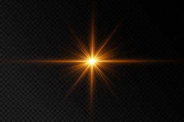Light effect. Golden bright star, yellow sun. Starlight.