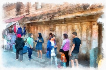 Naklejka premium People and lifestyle activities of rural tourism markets in Thailand watercolor style illustration impressionist painting.