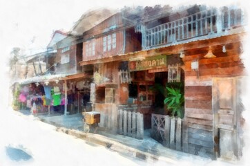 Ancient wooden houses in Thailand watercolor style illustration impressionist painting.