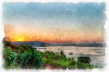 Mekong river landscape of Thailand watercolor style illustration impressionist painting.